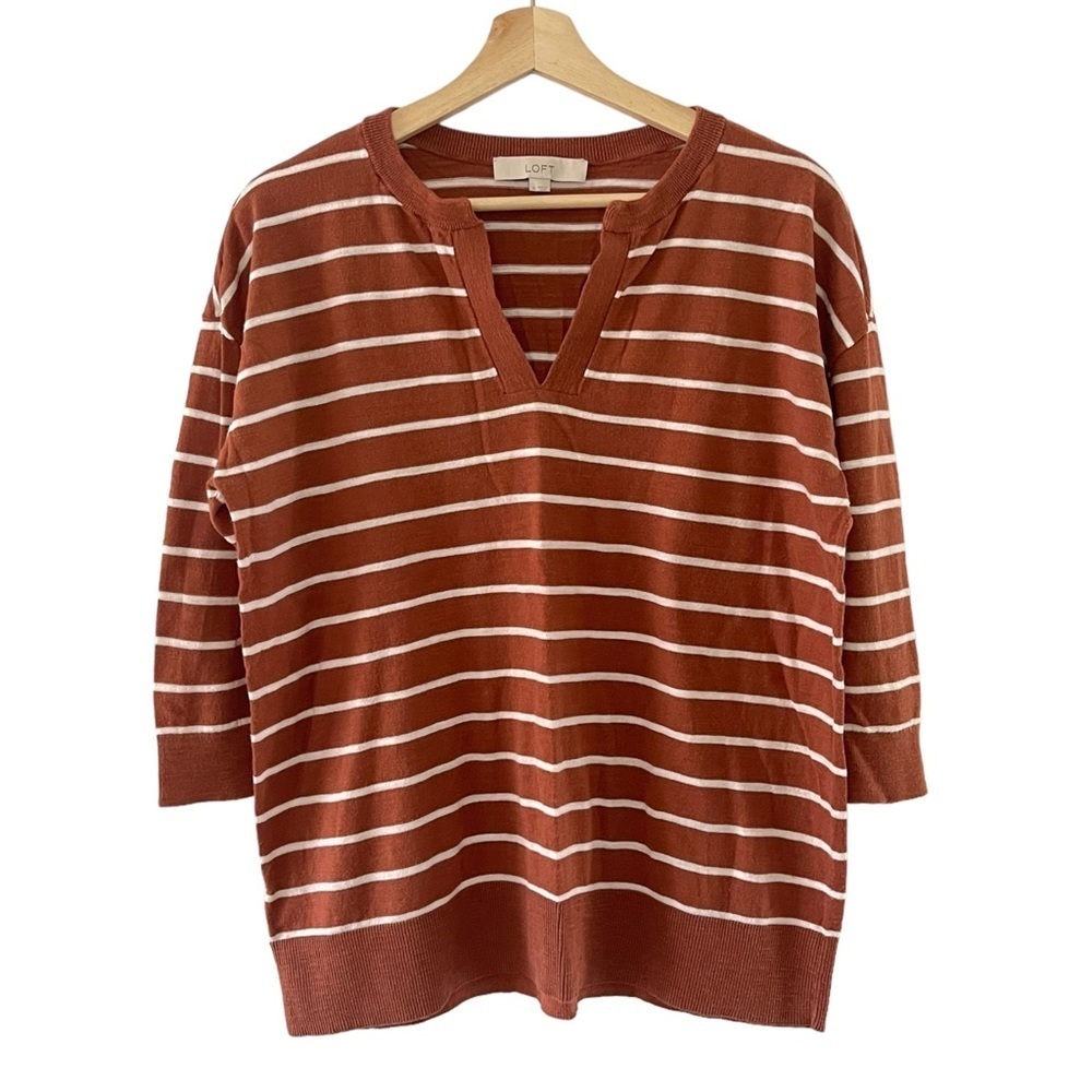 Ann Taylor Loft Womans S Brown Stripe V-Neck‎  Knit Top 3/4 Sleeve